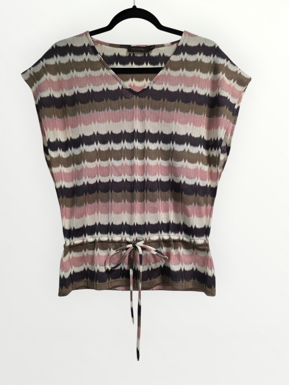 THE LIMITED Striped V-Neck Drawstring Waist Tunic in Pink, Brown & White Size XS